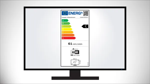 An electronic display with an EU Energy-Efficiency label in the middle of the screen.