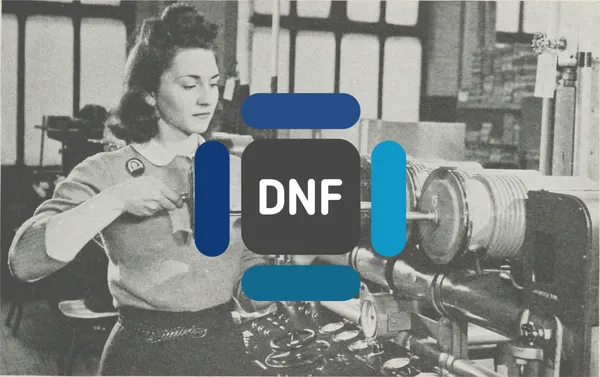 The DNF logo floating on top of a photo of a female machine operator.