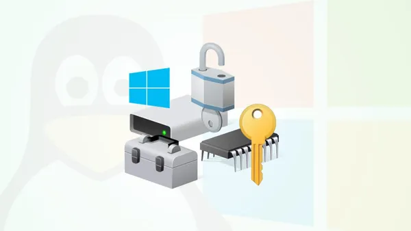 A collage of Windows icons for security, TPM, and BitLocker device encryption. The Linux Tux (penguin) and Windows logos loom in the background.