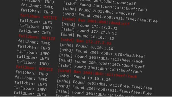 A continuous stream of log messages from Fail2Ban. Some repeating IP addresses are blocked.