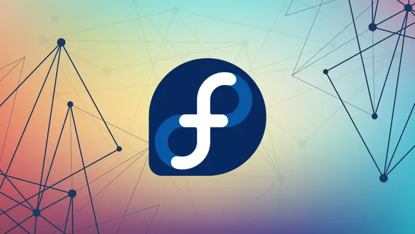The Feodra Linux logo with interconnected nodes in the background.