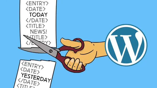 A hand poking out of the WordPress logo holds scissors that cuts off old entries in a syndication feed.