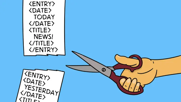 A hand holding scissors cutting off old entries in a syndication feed.