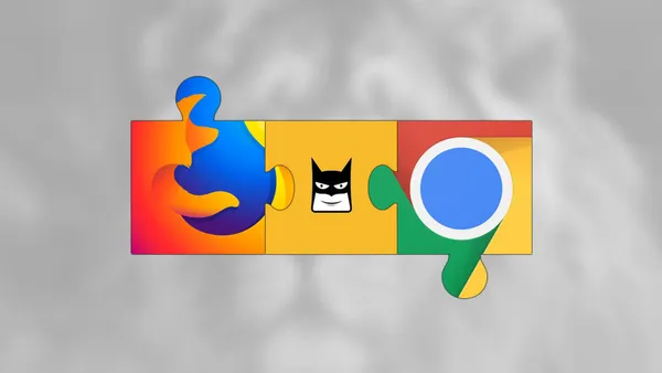 Three connected puzzle pieces. The first one is a partial Firefox logo, connected to one with the Batify logo, which is connected to a partial Chrome logo on the other side.