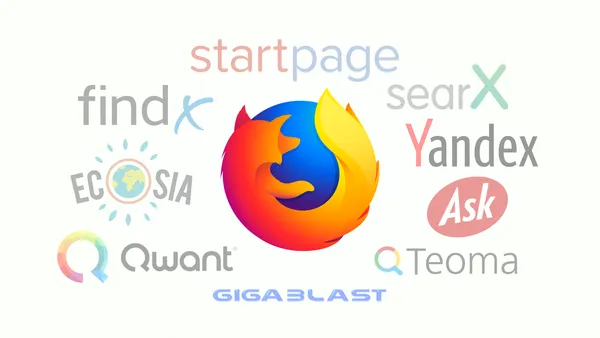 The Firefox icon in the center surrounded by a ring of search engine provider logs including StartPage, SearX, Yandex, Ask, Teoma, Gigablast, Qwant, Ecosia, and FindX.