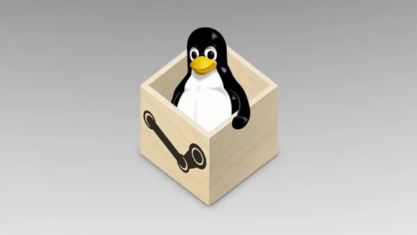The Linux logo (“Tux the penguin”) poking up from inside the Flatpak logo (a box) with the Steam logo printed on one side.