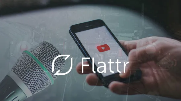The Flattr logo with a phone with the YouTube logo, and a microphone in the background.