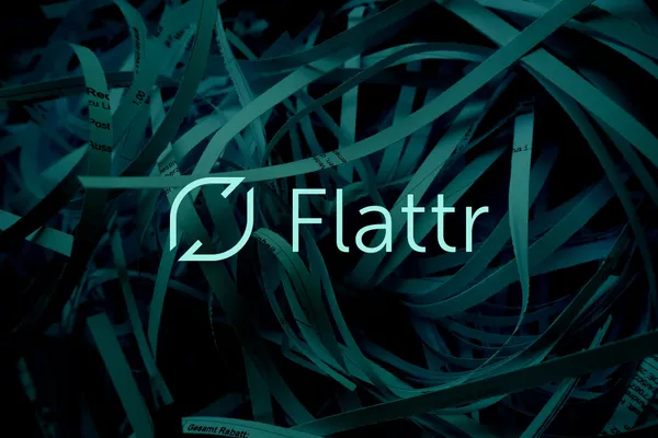 The Flattr logo hovering in front of some shredded papers in the background.