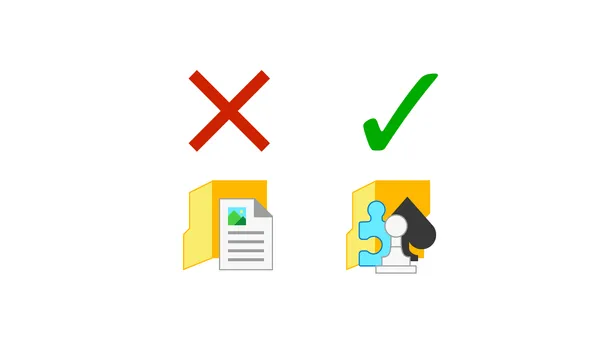 Two Windows 8 folder icons side-by-side. The first is the My Documents folder icon with a red X above it. The second is the My Games folder with a green checkmark above it.