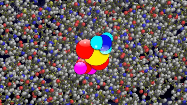 The Folding@home icon in front of a protein simulation.