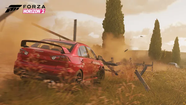 A red car smashes through a fence. Captioned “Forza Horizon 2”.