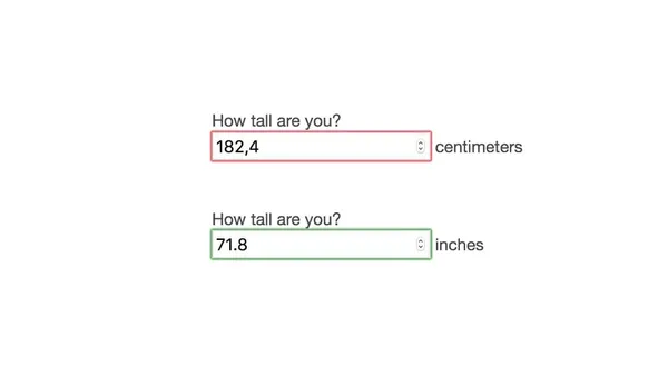 Two HTML number forms showing validation results of numeric input with a comma versus a period decimal-marker.