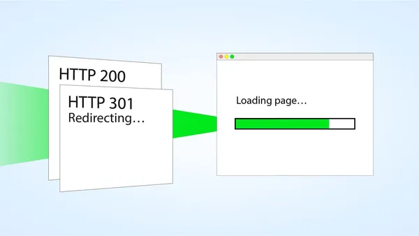 An illustration of a loading webpage receiving a bundle of two documents. The top document is titled “HTTP 301 Redirecting” and the one behind titled “HTTP 200”.