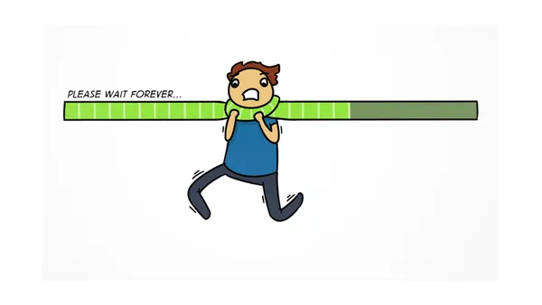 A cartoon character fighting back against being strangled by a progress bar labeled “Please wait forever…”.