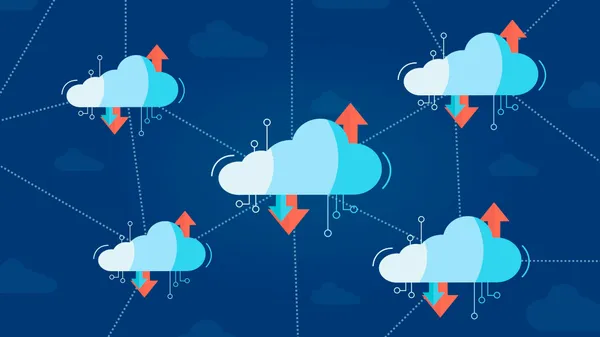 Several large interconnected clouds, each with upload/download arrows sticking out of them.