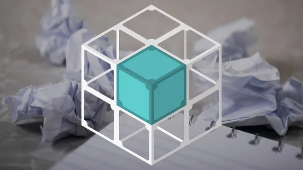 Crumbled papers behind the IPFS cube logo. The logo is surrounded by wireframe copies of itself.