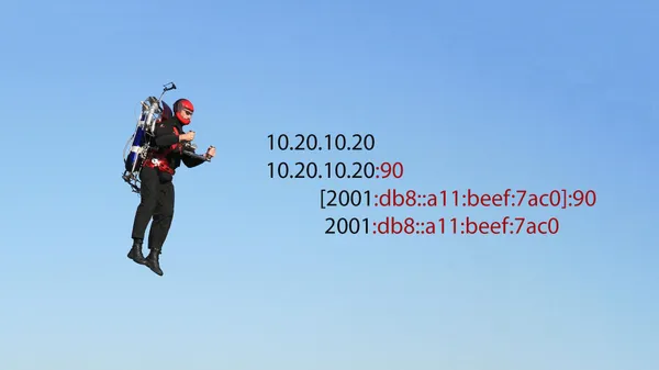 A man riding a jetpack. Next to him are four INetSocketAddresses being cut off at the first colon character. The two IPv4 addresses correctly split the address and port. The two IPv6…