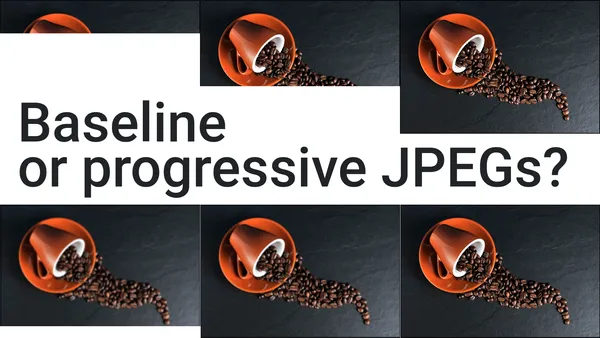 Two film strips demonstrating the difference between progressive and baseline JPEG photo loading. The baseline rendering shows the image loading from top to bottom. The progressive loading…