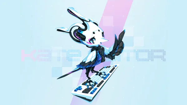 The Kate Editor’s mascot, Kate the CyberWoodpecker, standing on a keyboard.