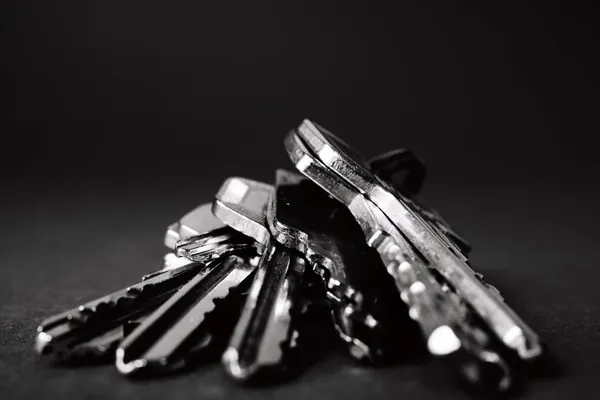 A close-up of a pair of keys in black and white.