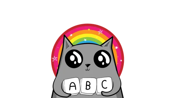 A cartoon cat with huge eyes holding ABC letter blocks.