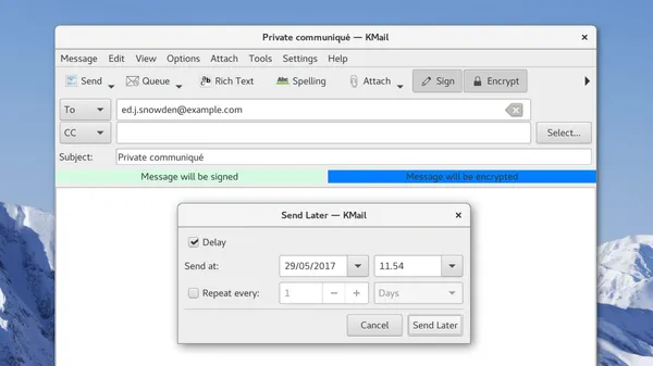 A dialog window prompting for message delivery time in from of a KMail email composer window. The email message has the subject “Private communiqué” and has status information indicating…