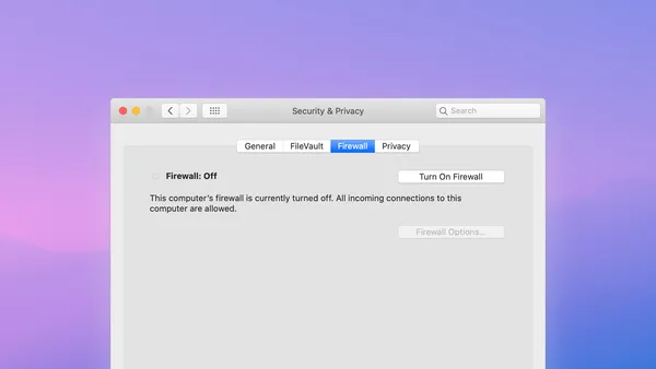 The firewall settings section of the MacOS’ System Settings app showing the system firewall is turned off.