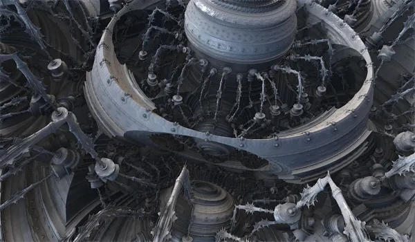 An abstract 3D render of complex machinery.