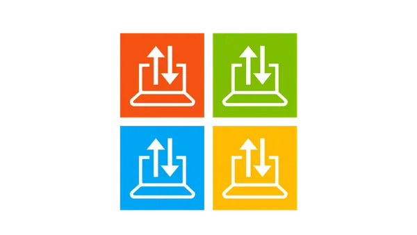 The outlines of four Windows computers, each with one large arrow pointing up and away from it and one pointing down into it.