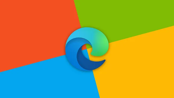 The Microsoft Edge logo set in front of a rotated Microsoft-color palette.