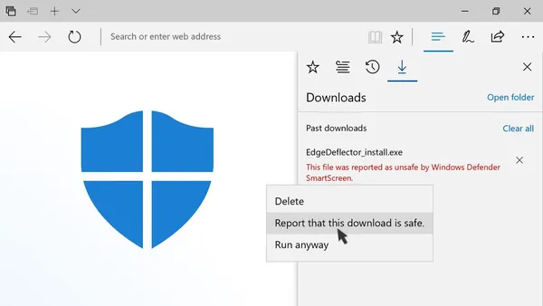 A menu in Microsoft Edge showing a blocked insecure download with an option to report the download as safe.