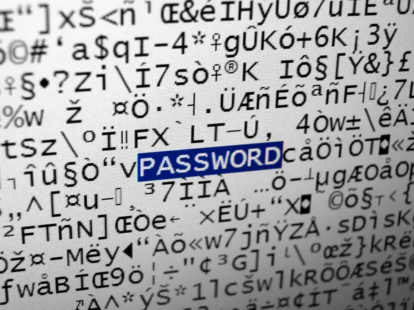 A block of binary data is interpreted as garbled text. The word “password” is highlighted in the middle of the otherwise unintelligible texts and symbols.