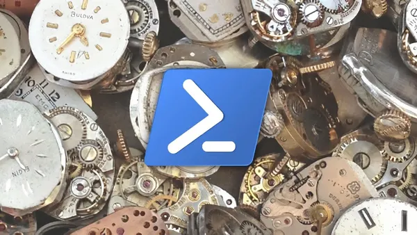 The PowerShell icon floating in front of a pile of broken clockfaces.