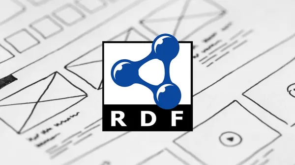 The RDF logo in front of a unspecific wireframe drawing.