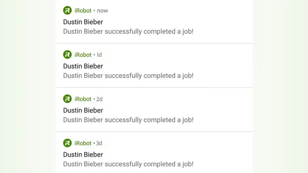A list of app notifications all saying “Roomba successfully completed a job!”