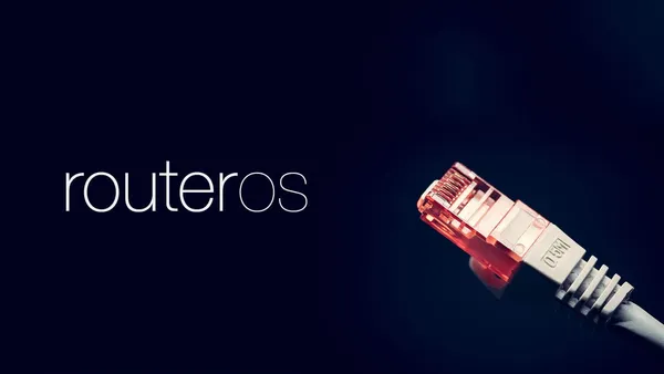 The RouterOS logo with an Ethernet cable connector glowing red in the background.