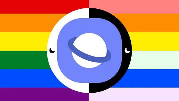 A colorful rainbow flag shown in day-mode and SVG-night mode side by side behind the Samsung Internet app icon.