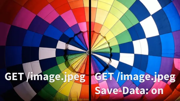 A photo of a colorful hot-air balloon cut in two down the middle. One side shows a high-quality image labeled “GET /image.jpeg”. The other side shows a lower-quality version labeled “GET…