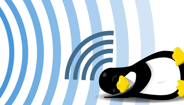 The Linux “tux” mascot sleeping with a small set of signal bars emitting from its head. Larger signal bars emitting towards tux are seen in the background.