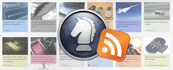 The Sleipnir app icon partially overlaid by the RSS feed icon with a grid of news stories in the background.