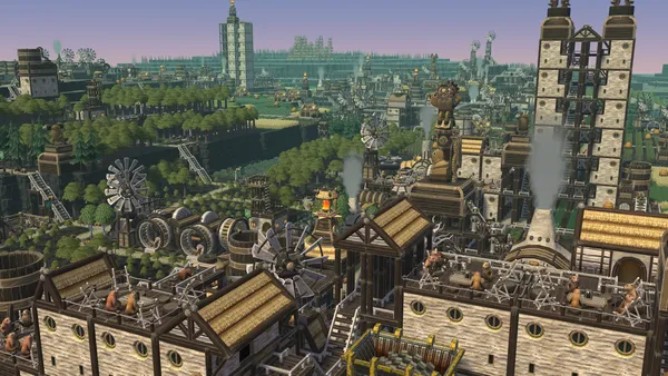An industrious beaver city with windmills, beaver-wheels, and multi-story buildings.