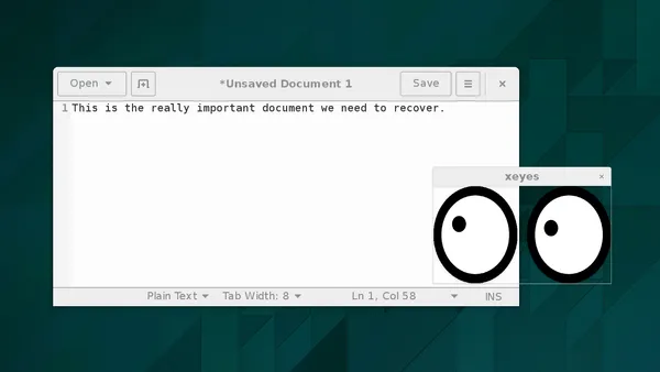 Aa set of googly-eyes looks out from a window titled Xeyes and onto a window with an unsaved document in GEdit.