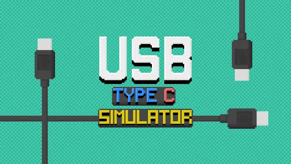 The USB Type-C Simulator app logo in front with two reversible USB Type-C cables crossing each other in the background.
