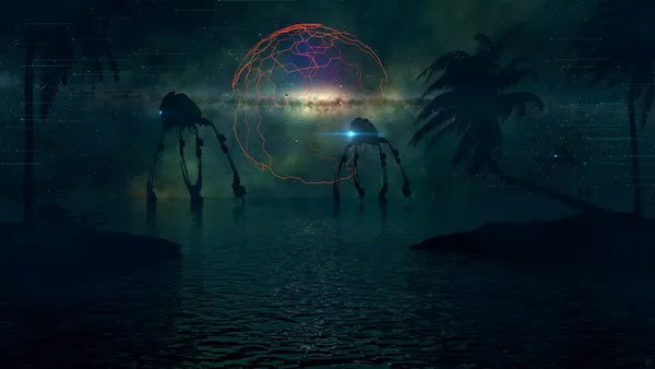 Three four-legged spider-like robots walk through water in the dark. An orange projected globe hovers between two of them.