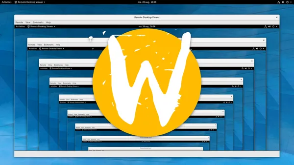 The Wayland logo with a remote desktop session showing the same session smaller and smaller indefinitely in the background.