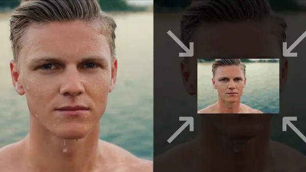 A side-by-side comparison of a detailed high-quality image of a dripping wet man next to a scaled-down version of the same image in lower quality.