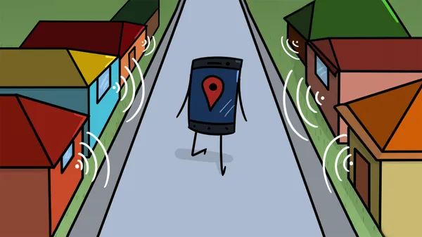 A stick-figure with a smartphone for its body strolling down a street. A geolocation icon is shown on its screen, and signals are emitting towards it from the surrounding buildings.