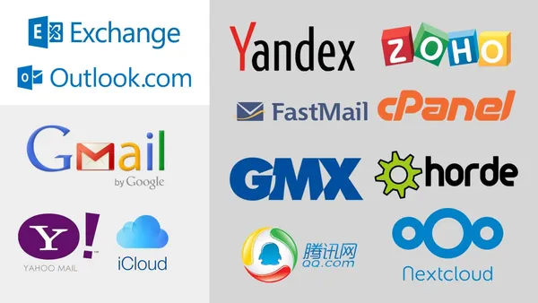 A collage of service providers including Microsoft Exchange, Outlook.com, GMail, Y!Mail, iCloud, Yandex, ZoHo, FastMail, cPanel, GMX, Horde, QQ, and NextCloud.