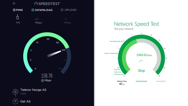 Screenshots of Ookla Speedtest side-by-side with Microsoft Network Speed Test apps running network speed tests.