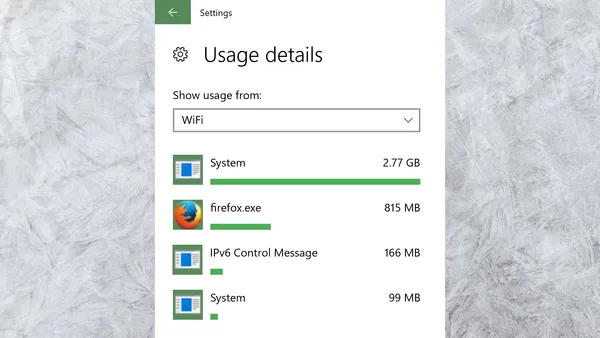 Windows Settings app listing network data usage per-app. The list includes System (2.7 GB), firefox.exe (815 MB), and IPv6 Control Message (166 MB).